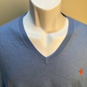 Polo Ralph Lauren Men's light blue w/ orange Pima Cotton V-Neck Sweater XL EUC